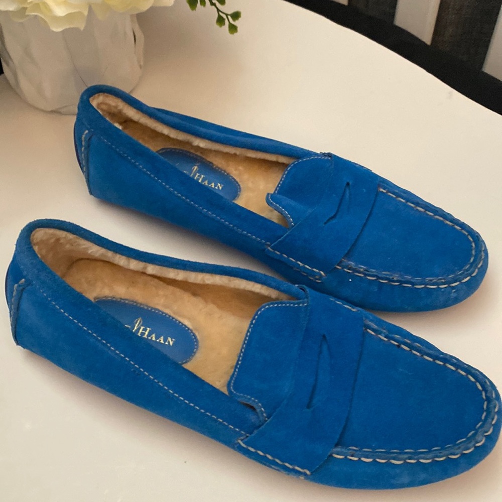 Cole Haan 9.5 Blue Driving Loafer Faux Fur Lining